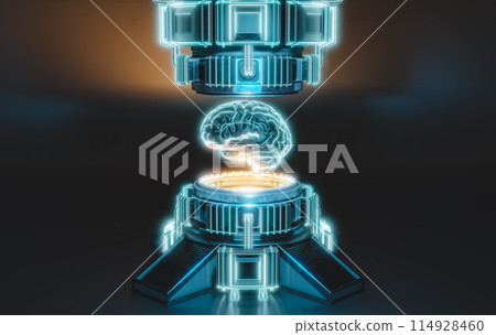 3D illustration of brain amidst futuristic machine in laboratory, ai concept 114928460