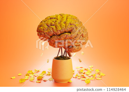 3D illustration of dry leaves falling from brain in potted plant 3D illustration of dry leaves falling from brain in potted plant 114928464