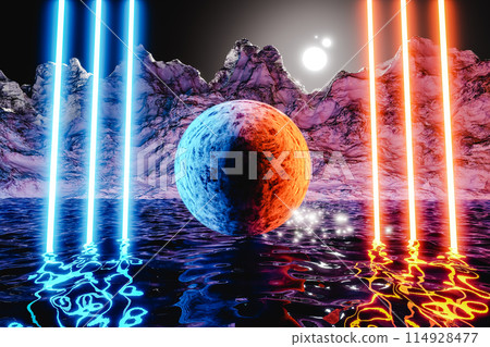 Modern futuristic neon abstract background. Planet in the center between neon laser. 3d render 114928477