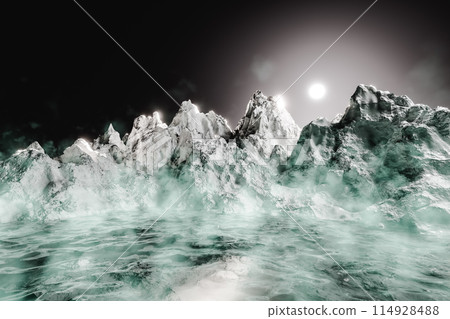 3D render of scenic mountain ranges by river against sky during night 114928488