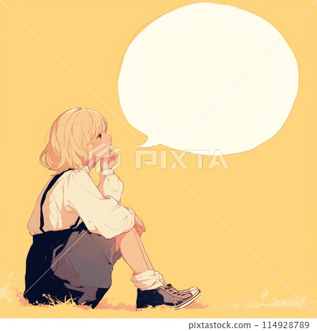 Woman sitting on the floor with arms crossed and speech bubble 114928789