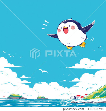 A cute illustration of a penguin flying in the sky in a port town 114928798