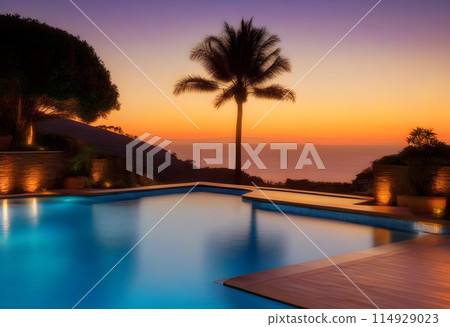 a luxury pool at sunset 114929023