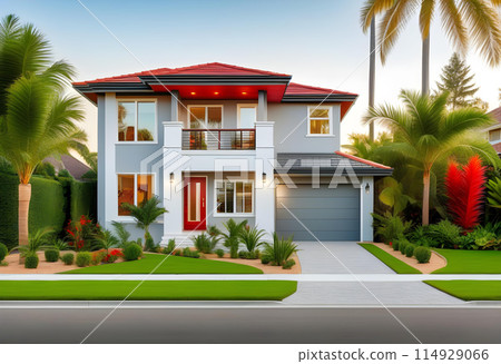 Facade of an elegant house with gray walls with white details 114929066