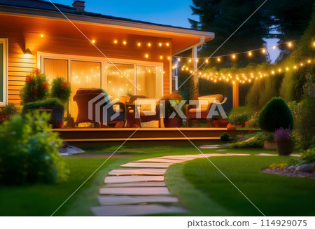 Summer evening on the patio of beautiful suburban house with lights in the garden garden 114929075
