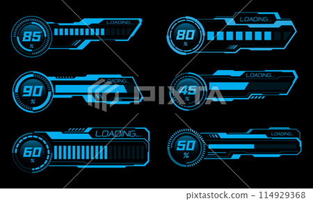 Set of HUD modern loading progress bars user interface elements design technology cyber blue on black futuristic vector 114929368