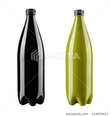 Front view of PET plastic black and green bottle isolated on white background. Front view of PET plastic black and green bottle isolated on white background. 114929425