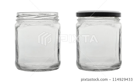 Two transparent empty jars, without a lid and with a lid, for conservation. 114929433