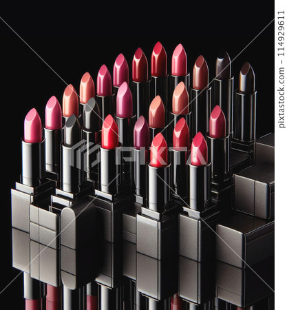 Photograph of lipsticks of various shades in black cases, which stand in a row diagonally on a black background, reflected from a glossy surface Photograph of lipsticks of various shades in black cases, which stand in a row diagonally on a black background, reflected from a glossy surface 114929611
