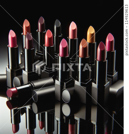 Photograph of lipsticks of various shades in black cases, which stand in a row diagonally on a black background, reflected from a glossy surface 114929613