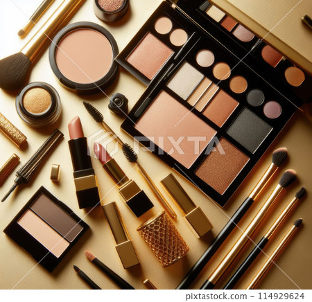 Knolling photograph of a cosmetic set, which consists of eye shadow, lipstick, mascara, blush, eye pencils and makeup brushes, on a black background 114929624