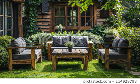 Backyard with Wooden Furniture 114929798
