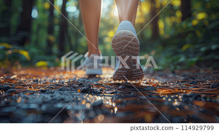 Woman Running in a Forest 114929799