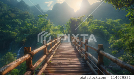 Wooden Bridge in Rainforest 114929821