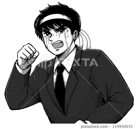 Monochrome graphic illustration: A new employee crying as he cheers for his new employee 114930035