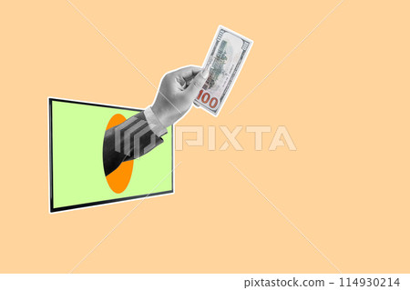 Business hand holding dollar bills through the screen Business hand holding dollar bills through the screen 114930214