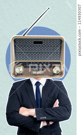 Businessman with vintage radio head concept Businessman with vintage radio head concept 114930307