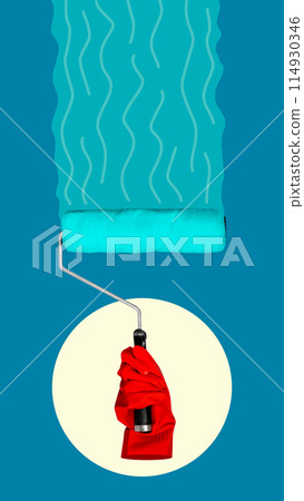 Human hand in protective glove holding paint roller 114930346