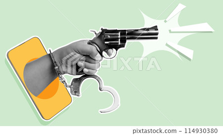 A human hand with handcuffs holding a gun through the mobile phone screen 114930380