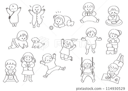 嬰兒和幼兒手繪線條畫插圖集 114930529