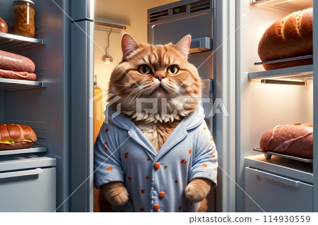 fat cat near the refrigerator with sausages and sausages, eats at night 114930559