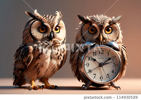 cute beautiful owl sitting with alarm clock, isolated on brown background 114930589