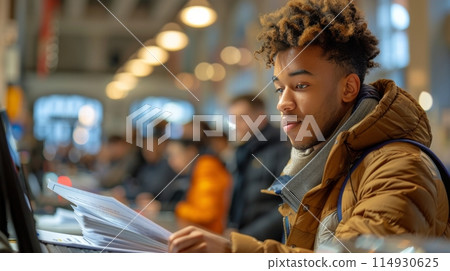 Man Sitting at Table Using Laptop Computer Man Sitting at Table Using Laptop Computer 114930625