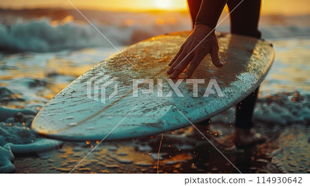 Man Holding Surfboard on Sandy Beach 114930642