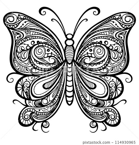Doodle Ornate Butterfly, Adult Coloring Page Template.  114930965