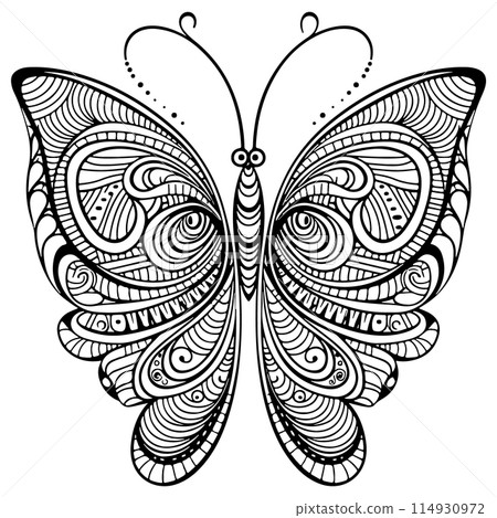 Doodle Ornate Butterfly, Adult Coloring Page Template. Doodle Ornate Butterfly, Adult Coloring Page Template. 114930972
