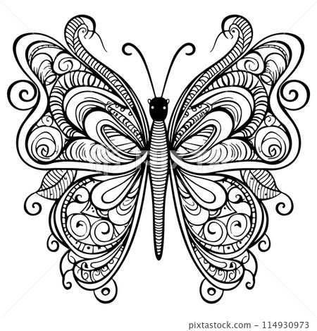 Doodle Ornate Butterfly, Adult Coloring Page Template. Doodle Ornate Butterfly, Adult Coloring Page Template. 114930973