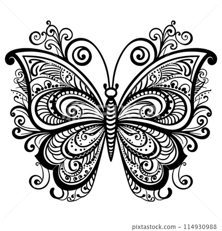 Doodle Ornate Butterfly, Adult Coloring Page Template. Doodle Ornate Butterfly, Adult Coloring Page Template. 114930988