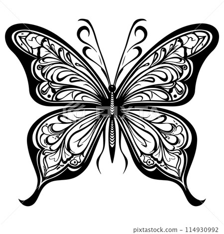 Doodle Ornate Butterfly, Adult Coloring Page Template. Doodle Ornate Butterfly, Adult Coloring Page Template. 114930992
