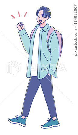 A young anime-style student walking with a smile 114931007