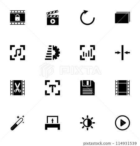 Video Editing icon - Expand to any size - Change to any colour. Perfect Flat Vector Contains such Icons as film, movie, editor, clip, multimedia, camera, clapper, magic, music, photography, player. 114931539