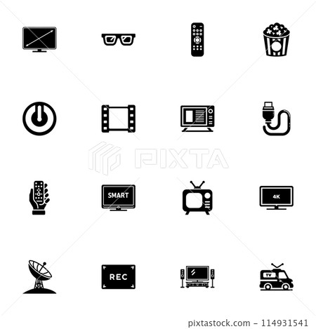 Tv icon - Expand to any size - Change to any colour. Perfect Flat Vector Contains such Icons as cable, popcorn, television, video camera, antenna, recording, satellite dish, movie, broadcasting, plug. 114931541