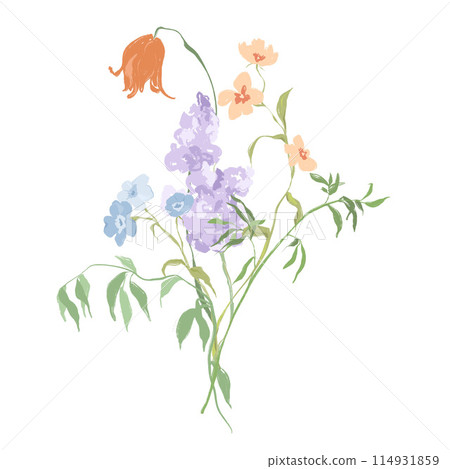 Watercolor abstract flower bouquet of forget-me-not, tulip and lilac. Hand drawn floral card of wildflowers isolated on white background. Holiday Illustration for design, print, fabric or background. Watercolor abstract flower bouquet of forget-me-not, tulip and lilac. Hand drawn floral card of wildflowers isolated on white background. Holiday Illustration for design, print, fabric or background. 114931859