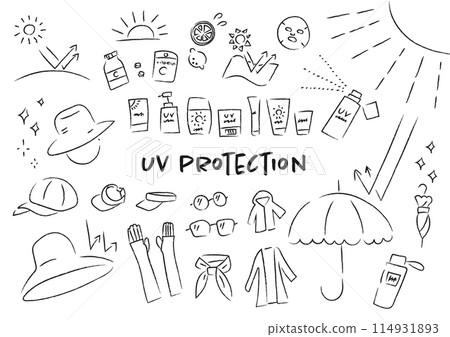 A hand-drawn illustration set of UV protection items 114931893