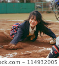 Female students playing baseball in uniform 114932005