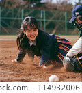 Female students playing baseball in uniform 114932006