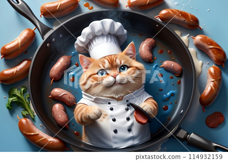 professional chef cat frying sausages in a frying pan 114932159