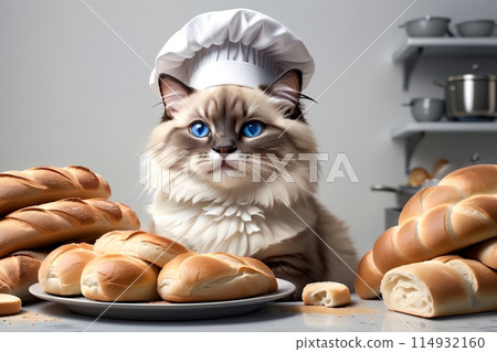 cute cat in a chef's hat with baked fresh bread 114932160