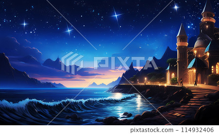 A castle floating in the starry night sky A castle floating in the starry night sky 114932406