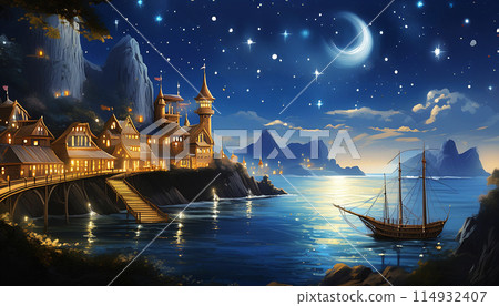A crescent moon, a castle, and a dazzling sea floating in the night sky A crescent moon, a castle, and a dazzling sea floating in the night sky 114932407