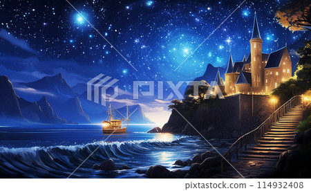 這是一幅夢幻般的風景畫,城堡在星空的背景下熠熠生輝。 這是一幅夢幻般的風景畫,城堡在星空的背景下熠熠生輝。 114932408