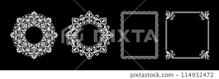 Set of decorative frames Elegant vector element for design in Eastern style, place for text. Floral black and white borders. Lace illustration for invitations and greeting cards. Set of decorative frames Elegant vector element for design in Eastern style, place for text. Floral black and white borders. Lace illustration for invitations and greeting cards. 114932472