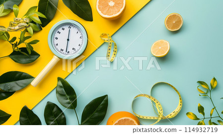 Image of gold, clock and glass of orange and milk on white background 114932719