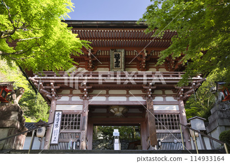 The vermilion mountain gate of Kurama Temple stands out against the fresh greenery. Horizontal composition 2 The vermilion mountain gate of Kurama Temple stands out against the fresh greenery. Horizontal composition 2 114933164