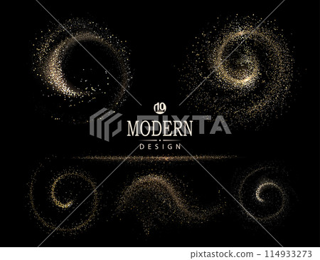 Isolated round abstract shapes with gold glitter on a black background, set Isolated round abstract shapes with gold glitter on a black background, set 114933273