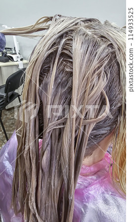 Long hair. Hair coloring process. Salon work. Step-by-step process. 114933525